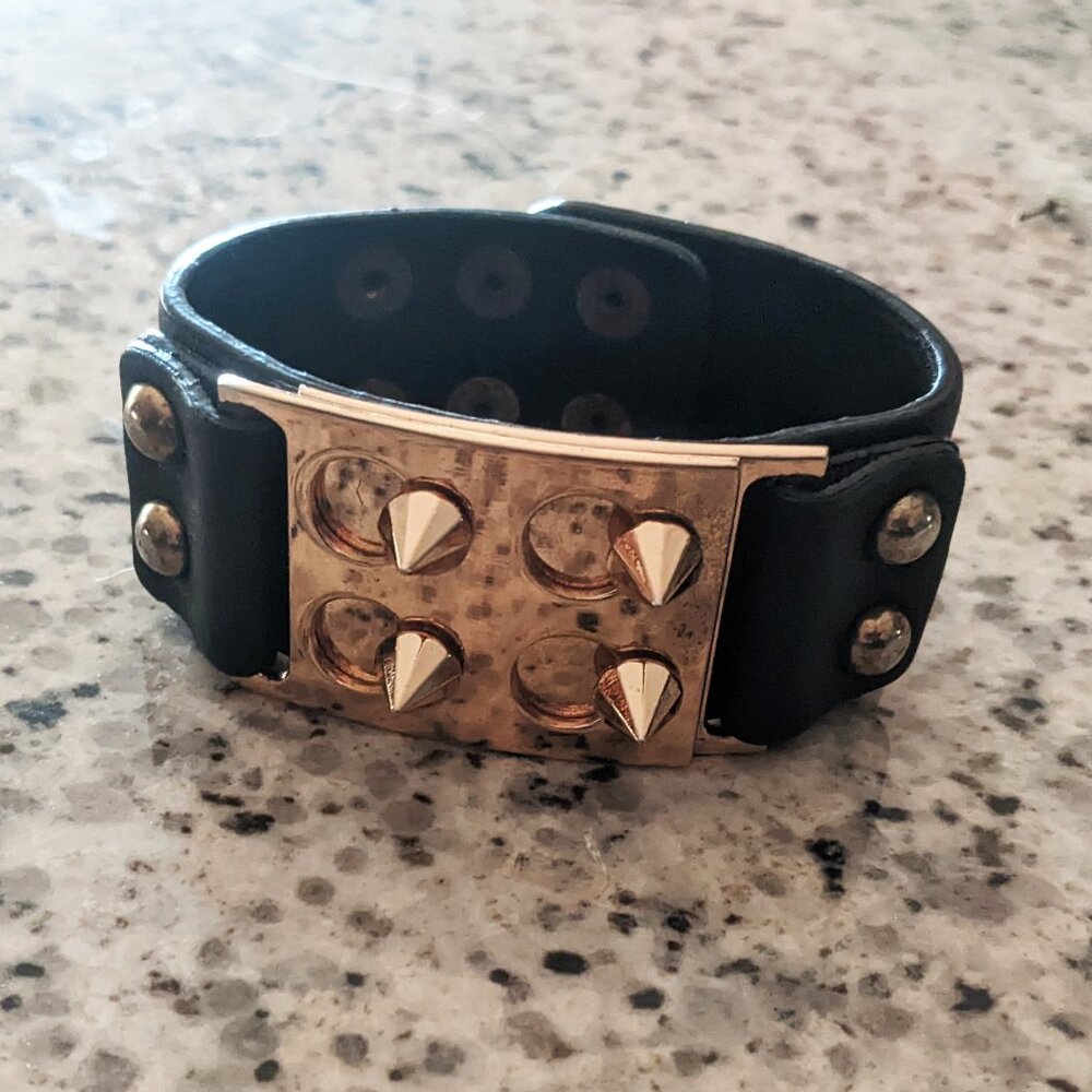 Glamour Goth Black Studded Bracelet Faux Leather Gold Buckle